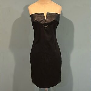 Vibrant Black Strapless Bodycon Mini Dress size Large Faux Leather Trim Y2K Emo